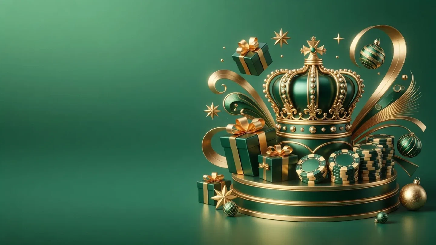 Festive emerald-and-gold illustration with gift boxes and casino ornaments.