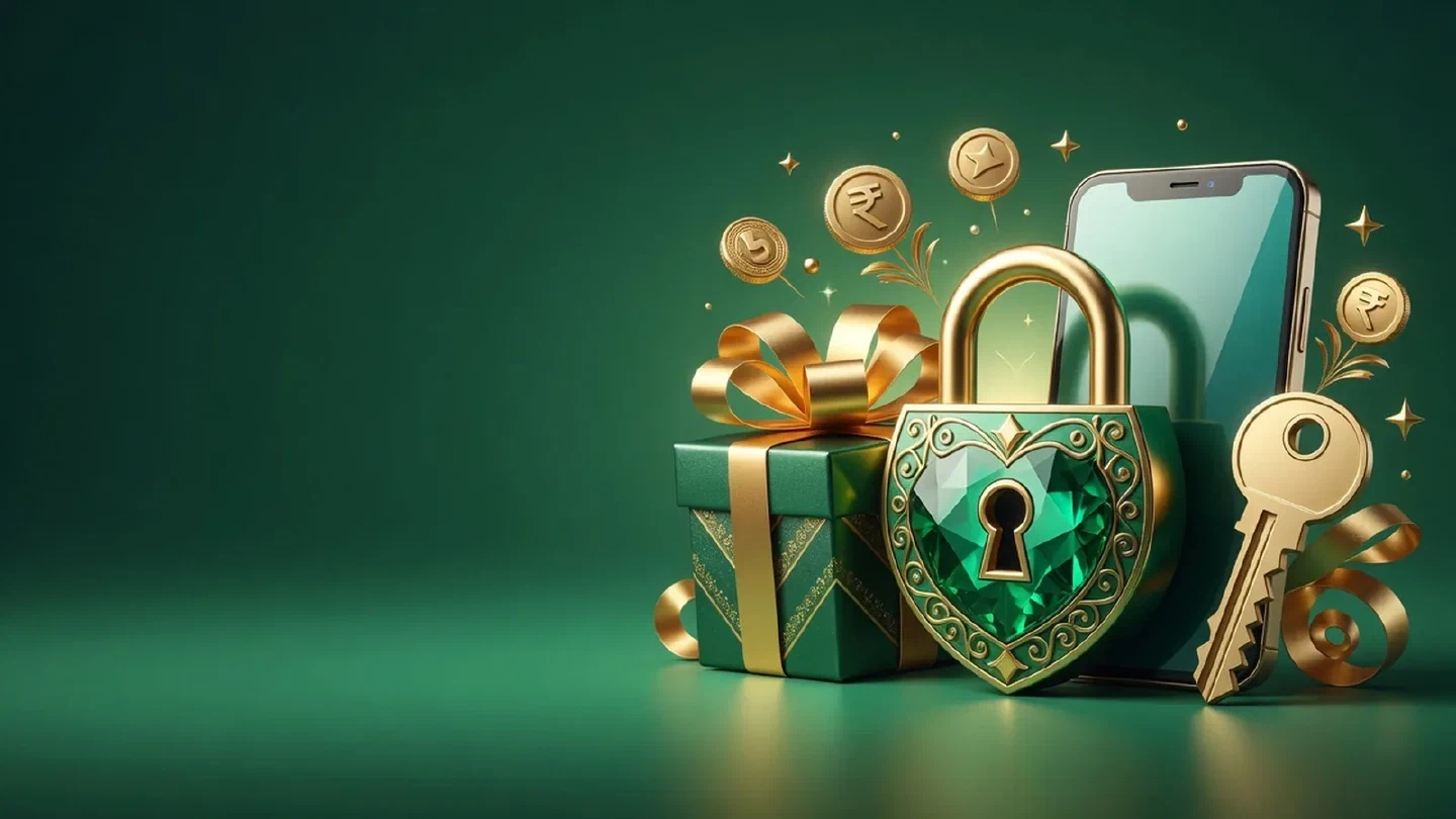 Calm green-and-gold illustration of account security related objects.