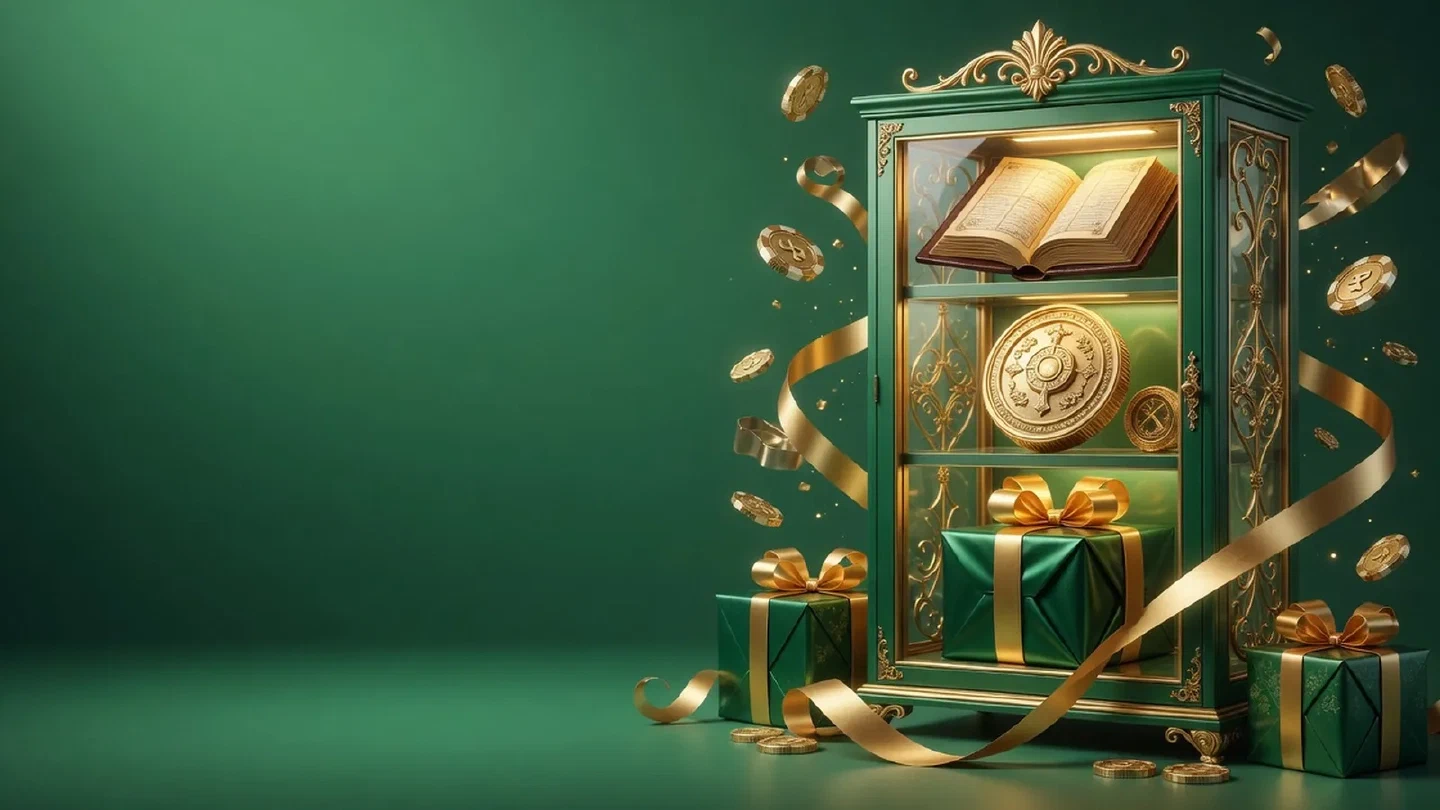 Festive emerald-and-gold illustration with gift boxes and casino ornaments.