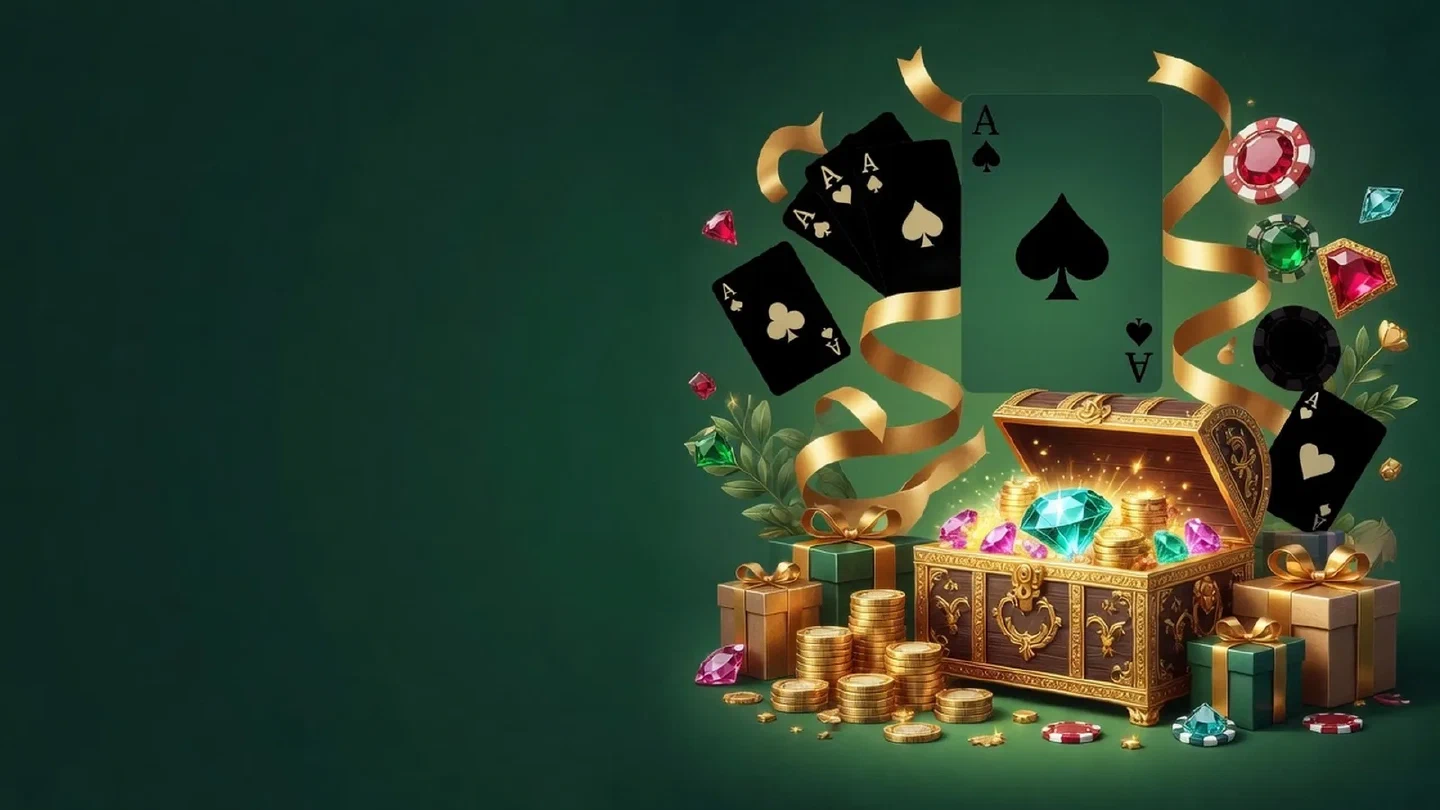 Festive emerald-and-gold illustration with gift boxes and casino ornaments.