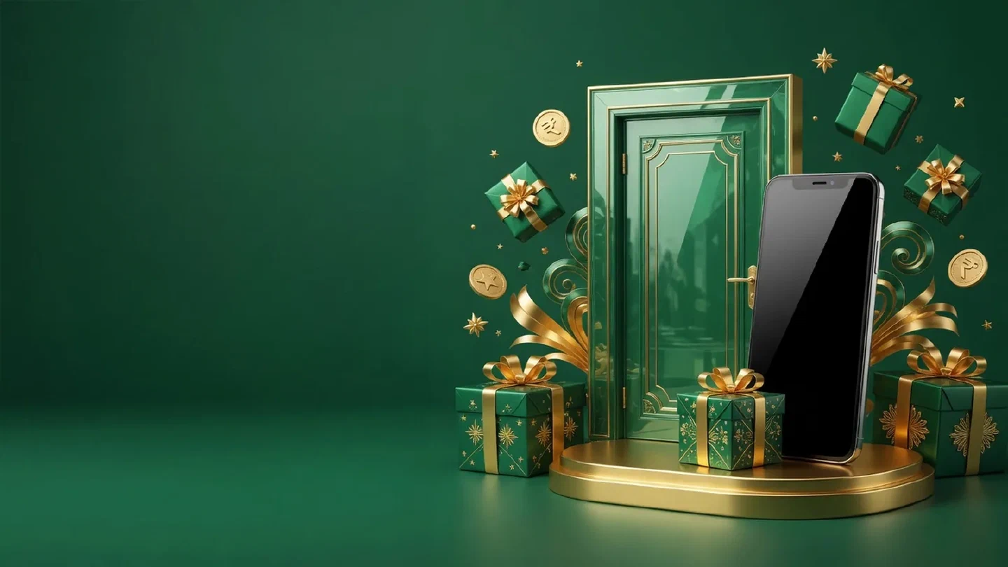 Festive emerald-and-gold illustration with gift boxes and casino ornaments.