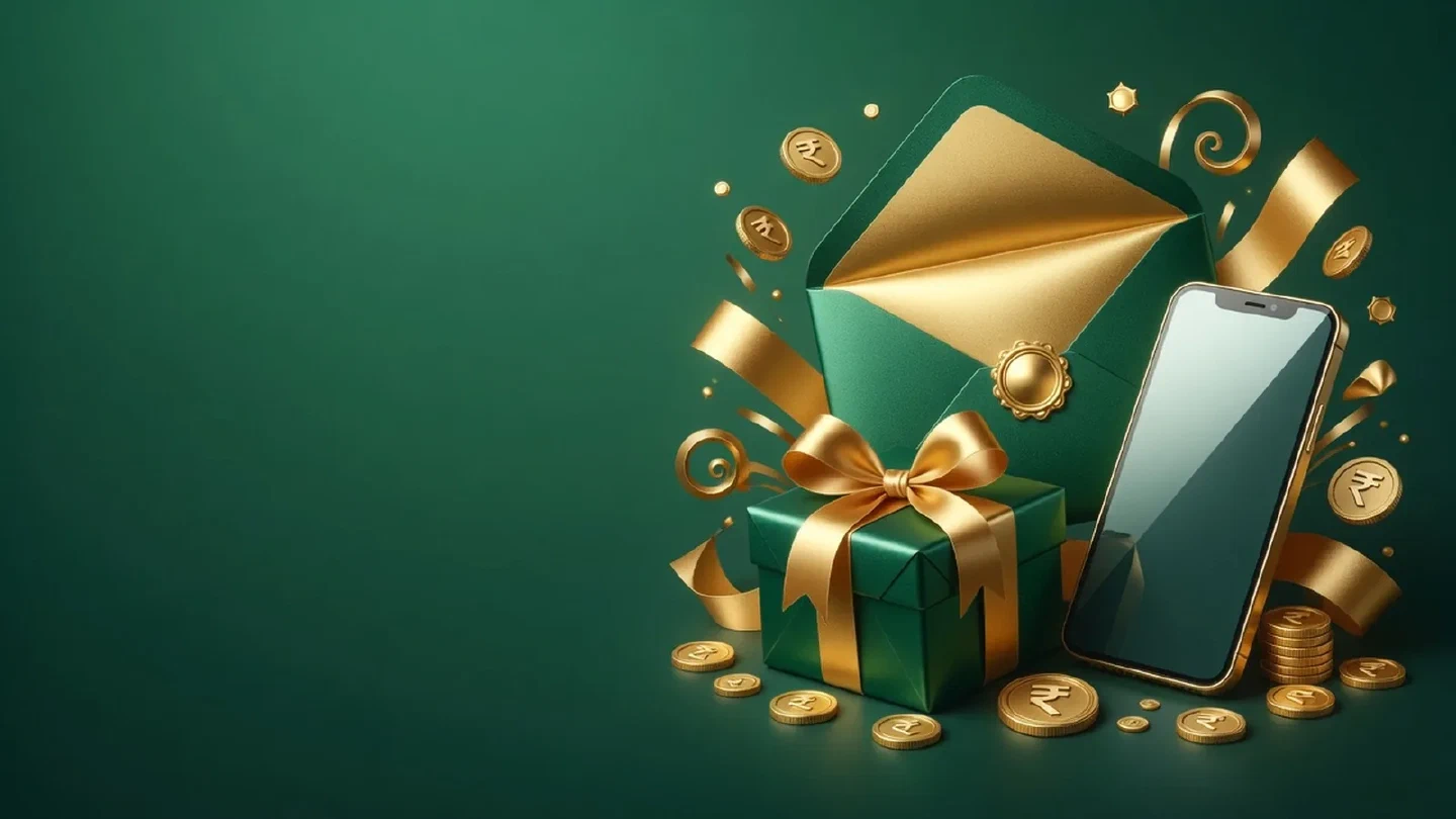 Festive emerald-and-gold illustration with gift boxes and casino ornaments.