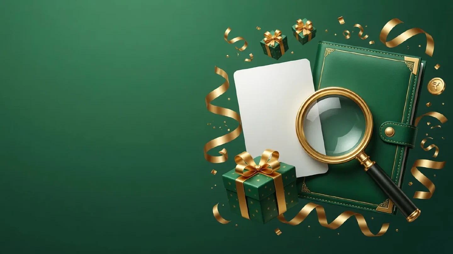 Calm green-and-gold illustration of verification related objects.